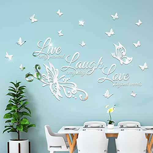 3D Acrylic Mirror Wall Decals with Butterfly, Live Love Laugh English Letters Butterflies Stickers, Removable DIY Art Mural for Nursery Bedroom Home Decoration-More Butterflies--B-