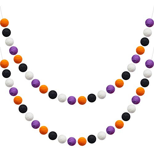 WILLBOND Wool Felt Ball Garland Colorful Pom Pom Garland 6.5 Feet Long 24 Balls Garland for Mardi Gras St. Patrick's Day Easter Home Wall -2 Pieces,Orange, White, Black, Purple-