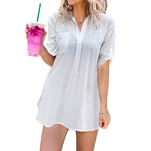 Oversize Long Sleeve Tunic Dresses Plus Size Baggy Midi Tshirt Dress with Pockets for Women White