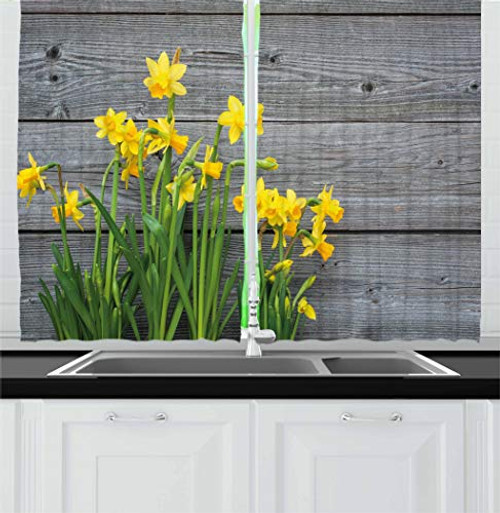 Ambesonne Yellow Flower Kitchen Curtains, Bouquet of Daffodils on Wood Planks Gardening Rustic Country Life Theme, Window Drapes 2 Panel Set for Kitchen Cafe, 55 W X 39 L Inches, Yellow Grey