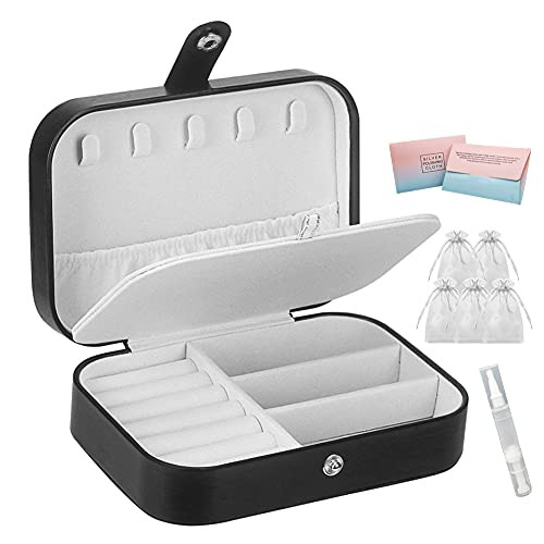 Travel Jewelry Box,PU Leather Travel Small Jewelry Case, 2 Layers Jewelry Box Organizer for Rings, Earrings, Necklaces, Bracelets-Black-