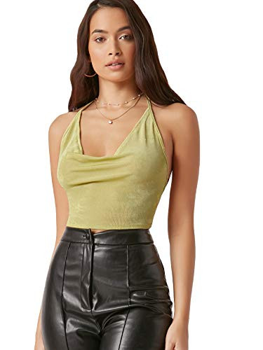 Romwe Women's Sexy Draped Front Tie Knot Backless Crop Halter Tops Camisole Yellow M