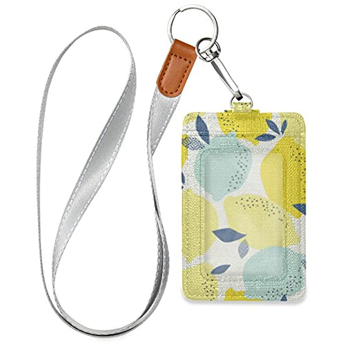 OTVEE Fruits Yellow Green Lemon Badge Holder, PU Leather ID Card Case Wallet with Neck Lanyard and Key Ring