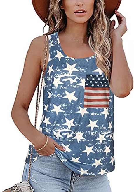 JOELLYUS 4TH of July Tank Tops American Flag Women Tank Tops Summer Shirts Loose Casual Tunic Blouse Tee-Blue,XL-