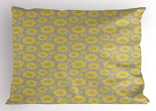 Ambesonne Floral Pillow Sham, Hand-Drawn Doodle Yellow Floral Petals in Various Sizes on Grey Background Print, Decorative Standard Queen Size Printed Pillowcase, 30" X 20", Multicolor