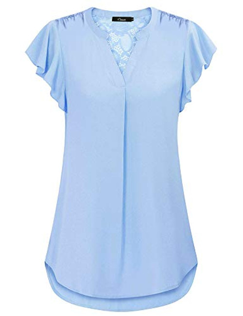 iClosam Women's Notch V Neck Short Sleeve Chiffon Blouse Casual Lace Top Shirts -Light Blue, Small-