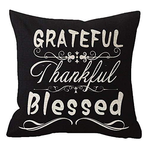 FJPT Throw Pillow Cover Inspirational Quote Words Grateful Thankful Blessed European Floral Pattern Black Cotton Pillowslip for Sofa Bed Stand Size Pillowcase 24x24 Inch