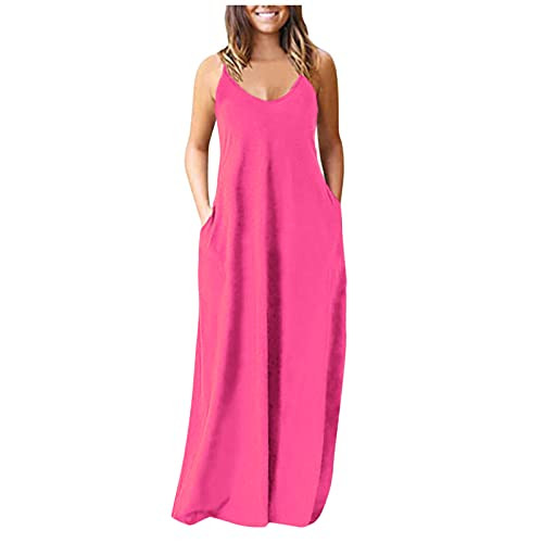 NLOMOCT Dresses for Womens Women's Casual Summer Sleeveless V Neck Spaghetti Strap Plus Size Long Maxi Dress Party Sundress Pink