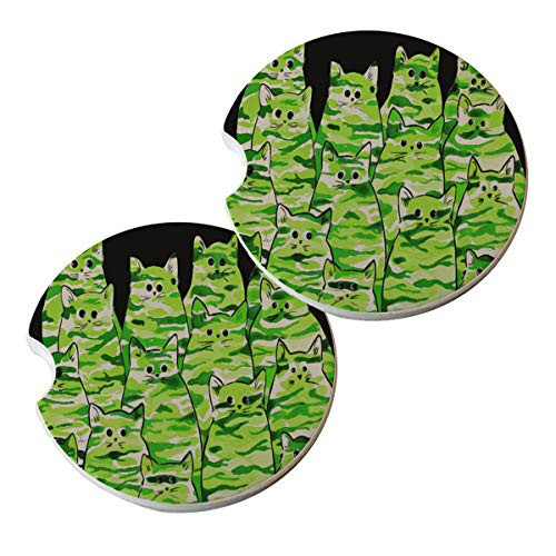 Sunshine Cases Car Coasters Round Natural Absorbent Stone - Green Camo Kitties Cat Art by Denise Every