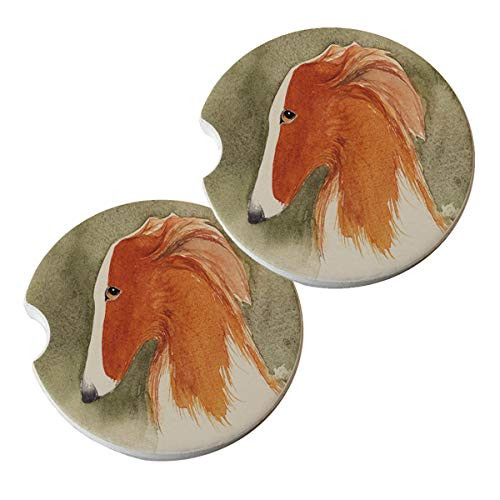 Sunshine Cases Car Coasters Round Natural Absorbent Stone - Silken Windhound Long Haired Whippet on Sage Green Art by Denise Every