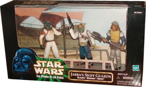 Star Wars 1998 The Power of The Force 3-Pack Movie Scene 4 Inch Tall Action Figure Set - Jabba's Skiff Guards with Klaatu, Barada and Nikto Figures Plus Display Base Star Wars 1998 The Power of The Force 3-Pack Movie Scene 4 Inch Tall Action Figure Set - Jabba's Skiff Guards with Klaatu, Barada and Nikto Figures Plus Display Base