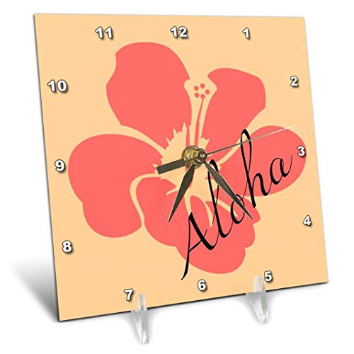 3dRose dc_53522_1 Peach Hibiscus Aloha Flower-Floral Print-Tropical Art-Hawaiian-Desk Clock, 6 by 6-Inch
