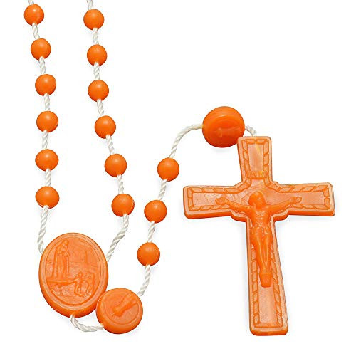 Plastic Rosary Orange Beads  and  Crucifix Fatima Medals - Pack of 5 Rosaries - Made in Italy of Food Grade Nylon