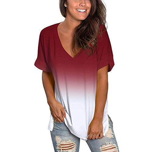 Tshirts for Womens,Womens Top T-Shirt Short Sleeve V Neck Button Tee Loose Fitting Tunic Tops Blouse S-XXL Wine