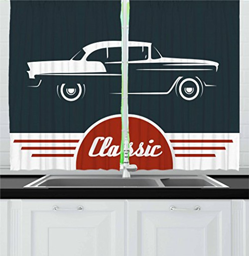 Ambesonne Retro Kitchen Curtains, Old Nostalgic Car Figure with Classic Typography Emblem Auto Icon Vintage Graphic, Window Drapes 2 Panels Set for Kitchen Cafe, 55W X 39L Inches, Indigo Ruby