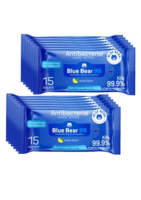 Blue Bear Protection Antibacterial Hand Wipes, Wet Wipes, Hand Cleaning Wipes, Hand Wipes for Adults  and  Kids, Travel Wipes, Hand Wipes Container Wet Wipes for Hands -15 count, 12 pack-