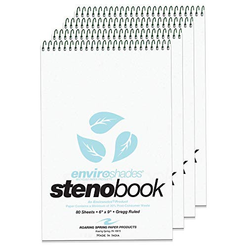 Roaring Spring Enviroshades Recycled Spiral Steno Memo Book, 4 Pack, 6" x 9" 80 Sheets, Blue Paper