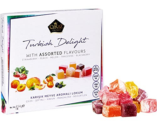 Cerez Pazari Turkish Delight with Strawberry, Peach, Melon, Tangerine, Blackberry Mix Flavours 16 oz Gourmet Medium Size Snacks Gift Box - No Nuts Sweet Luxury Traditional Confectionery Vegan Soft Candy Dessert Glucose Free Lokum -Loukoumi- Approx.42