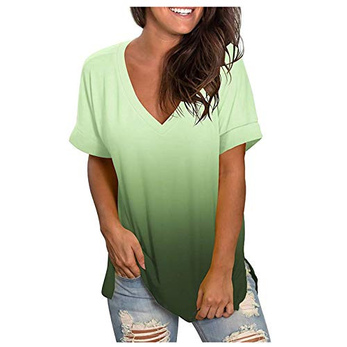 Womens Tshirts,Womens Top T-Shirt Short Sleeve V Neck Button Tee Loose Fitting Tunic Tops Blouse S-XXL Green