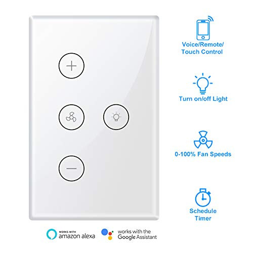 Smart WiFi Fan Light Switch, In-Wall Ceiling Fan Lamp Switch Works with Alexa, Google Home Assistant [Voice/Remote/Touch Control] [Timer Function]