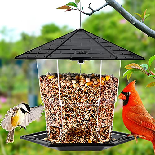 Jealoeur Bird Feeder, Bird Feeders for Outdoors Hanging, 48 Oz, Wild Bird Seed for Outside Feeders, Squirrel Proof Bird Feeders and Garden Decoration Yard for Bird Watchers -Black-