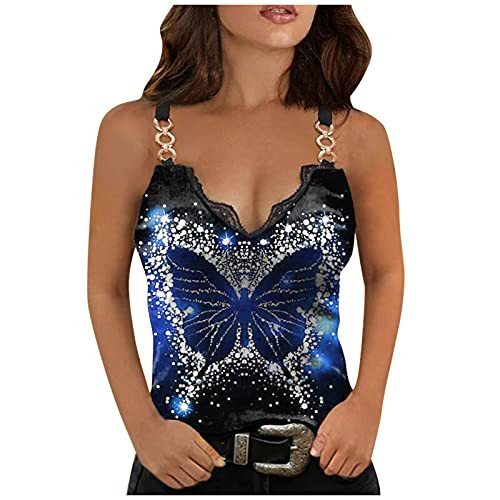 Tank Tops for Women Halter V Neck Sleeveless Shirts Butterfly Print Sexy Lace Low Cut Cami Blouse