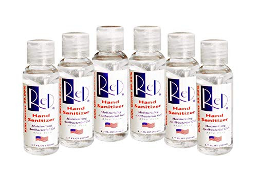 RED Hand Sanitizer 1.7oz Travel Size Pack of 6 Moisturizing Antibacterial Gel Aloe Vera, 70 percent Alcohol Kills Germs 99.99 percent Made in USA