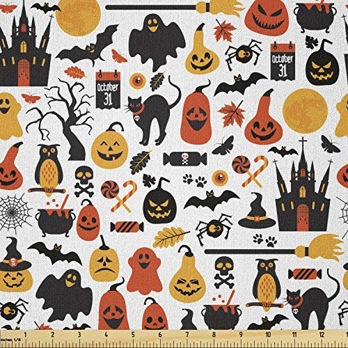 Lunarable Halloween Fabric by The Yard, Halloween Group Candies Owls Castles Ghosts October 31 Theme, Microfiber Fabric for Arts and Crafts Textiles  and  Decor, 1 Yard, Orange Yellow