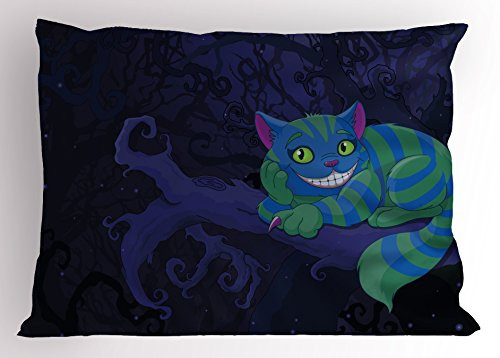 Lunarable Alice in Wonderland Pillow Sham, Chester Cat Sitting on a Branch in The Dark Forest Character Style of an Artwork, Decorative Standard Queen Size Printed Pillowcase, 30" X 20", Purple Green Lunarable Alice in Wonderland Pillow Sham, Chester Cat Sitting on a Branch in The Dark Forest Character Style of an Artwork, Decorative Standard Queen Size Printed Pillowcase, 30" X 20", Purple Green