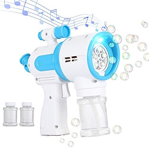 Bubble Gun for Kids with Music and Light, Fun Bubble Maker Blaster with 2 Bottles Bubble Solution Refill, White Bubble Wands Summer Toy, Outdoors Activity Toy for Boys and Girls, Party Favors -Blue-