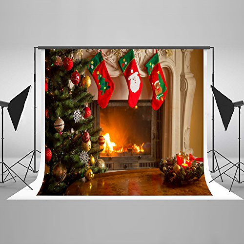 7ft(W) x5ft(H) Christmas Backdrop Christmas Stocking with Fireplace Photography Background Photo Studio Booth for Happy New Year Xmas Photography Decoration