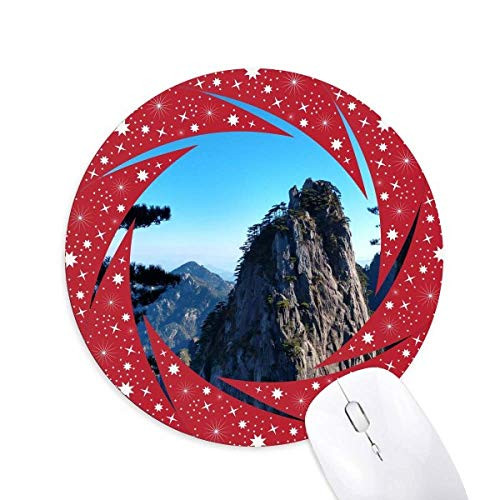 Mountain Peaks Pine Trees Wheel Mouse Pad Round Red Rubber