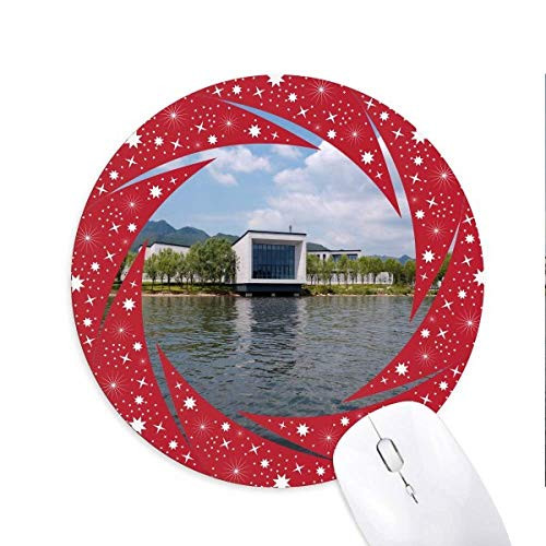 Lake View Mountain Architecture Wheel Mouse Pad Round Red Rubber