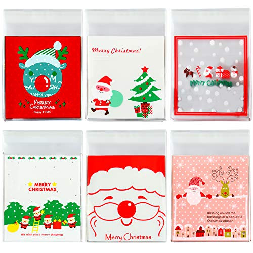 Elcoho 300 Pieces Christmas Cookie Treat Bags Candy Bags Self Adhesive Clear Cookie Bags Trick Cellophane Treat Bags for Party Gift Supplies, 6 Styles Elcoho 300 Pieces Christmas Cookie Treat Bags Candy Bags Self Adhesive Clear Cookie Bags Trick Cellophane Treat Bags for Party Gift Supplies, 6 Styles