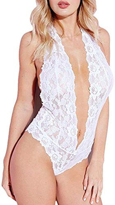 Womens Halter Lingerie Lace Teddy Bodysuit Nightwear Deep V Lace Babydoll Underwear Plus Size -M,White- Womens Halter Lingerie Lace Teddy Bodysuit Nightwear Deep V Lace Babydoll Underwear Plus Size -M,White-