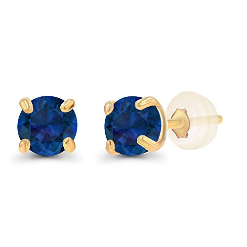 14K Yellow Gold Plated 925 Sterling Silver 3mm Round Created Blue Sapphire Genuine September Birthstone Stud Earrings For Women
