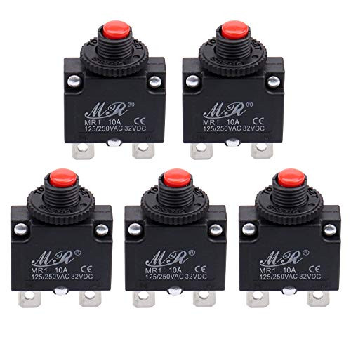 RKURCK 10 Amps Thermal Circuit Breakers, 125/250V AC 32V DC Push Button Manual Reset Overload Protector Circuit Breaker Switch 10A 5 Pack