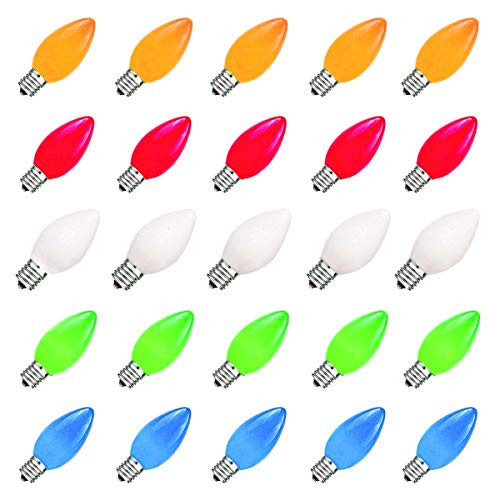 25 Pack C7 Ceramic Multi-Color Replacement Bulbs, Night Light Replacement Bulbs Salt Lamp Light Bulbs, C7 Vintage Light Bulbs for Outdoor String Lights, E12/C7 Candelabra Base, 5 Watt