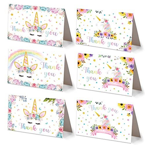 Unicorn Thank You Card - 24 Sets Thank You Cards with Envelopes for Girls Unicorn Blank Note Cards for Birthday or Baby Shower Party 4'' x 6''