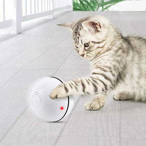 Leshuo LED Cat Toy Interactive USB Rechargeable Dog Rolling Ball Toy with Light Beam Automatic Pet Ball for Training-White