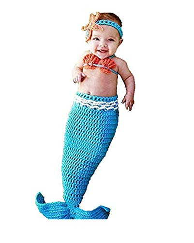 Newborn Baby Photography Prop Handmade Crochet Mermaid Headband Bra Tail Romper Outfit -Blue Mermaid-