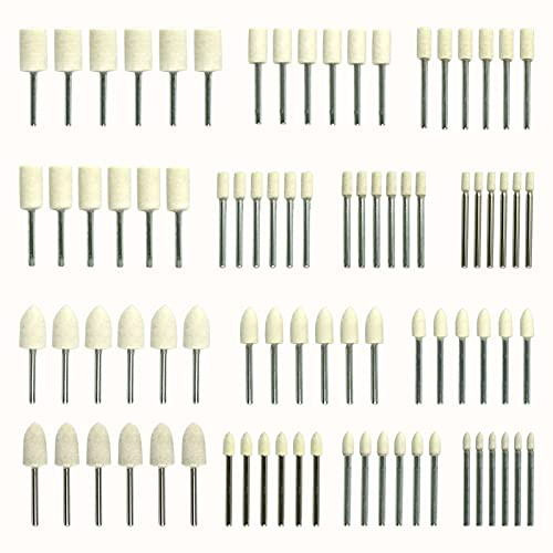 84PCS Wool Felt Mounted Mandrel Polishing Buffing Wheels Grinding Bits 1/8 -3mm- Shank, 2 Shaped and 7 Sizes Polishing Buffing Wheel Bits Rotary Tool Accessories Drill Tools Attachment