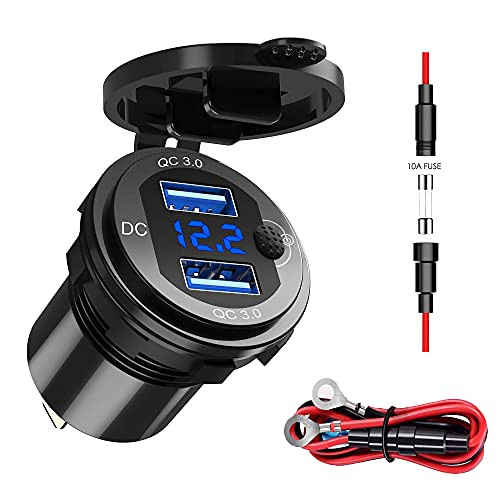 12V USB Outlet, Quick Charge 3.0 Dual USB Car Charger Power Socket with Switch Voltmeter Aluminum Waterproof Car Outlet Fast Charger for Marine Motorcycle Golf Cart RV Boat