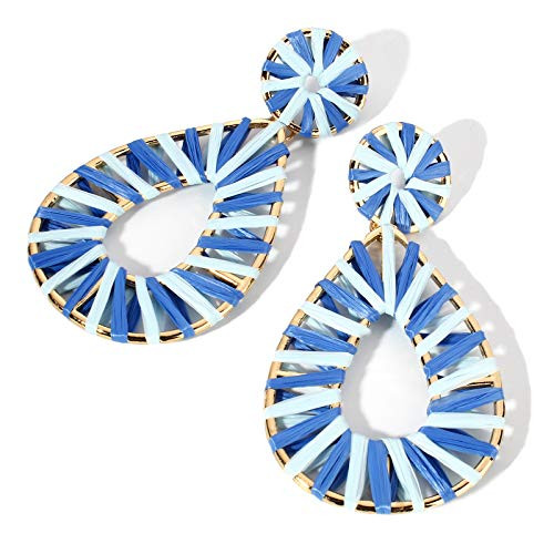 Boho Raffia Earrings Statement Teardrop Earrings Drop Dangle Bohemian Earrings-Blue-