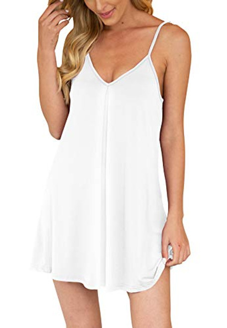 AUHEGN Nightgown for Women Loose Sleepwear V Neck Pajama Dress Soft Nightshirt Sleeveless Nightdress Chemise White Small