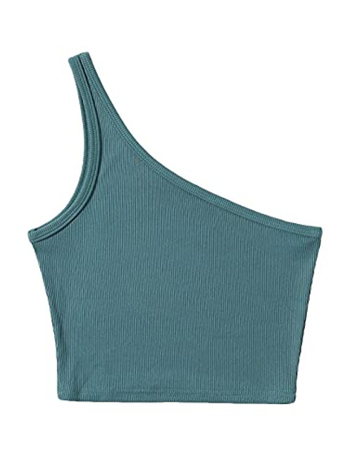 MakeMeChic Women's Sleeveless Crop Top Solid Rib Knit One Shoulder Tank Vest Teal Blue M