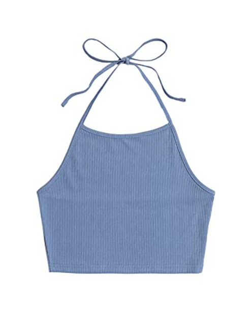 MakeMeChic Women's Self Tie Rib Knit Sleeveless Crop Halter Tank Top Blue L