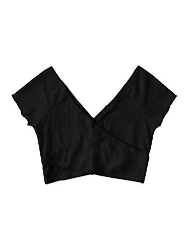 Floerns Women's Cross Wrap Double V Neck Short Sleeve Rib Knit Crop Tee Top Black S