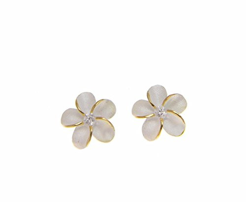 Sterling silver 925 Hawaiian plumeria flower cz earrings post stud 8mm 2t yellow gold plated