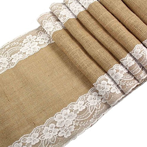 CCTRO Lace Hessian Table Runner, Rustic Natural Jute Country Outdoor Wedding Party Vintage Ivory Burlap Table Cloths Decoration 12x108 inches -2 Pack A-